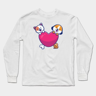 Cute Dog And Cute Cat Cartoon Long Sleeve T-Shirt